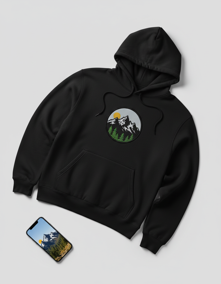 Melns Hoodie ar pielāgotu izšuvumu